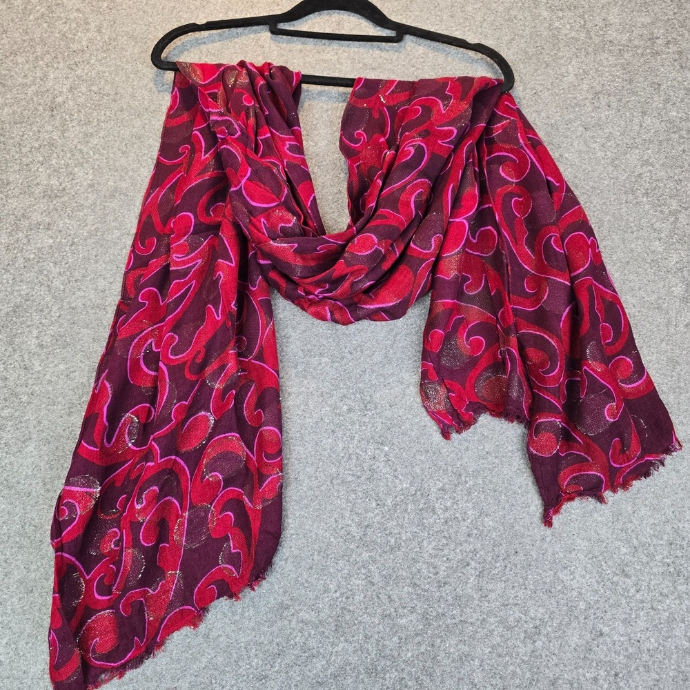 Burgundy Red Paisley Scarf Women's Fashion Metallic Sparkle Raw Edges 32x20"